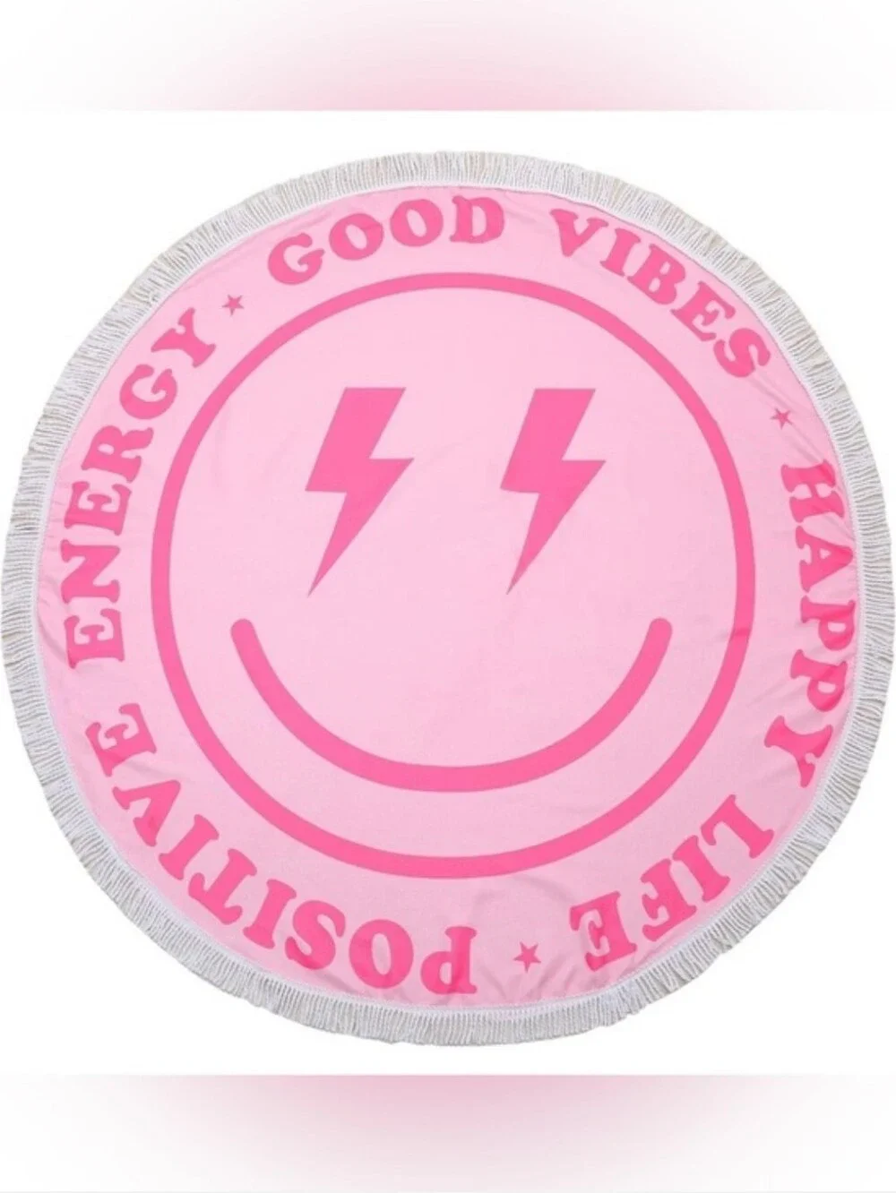 Round Smiley Beach Towel with Fringe - Positive Energy Inspo message